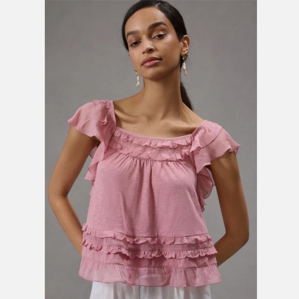 Anthropologie Pink Ruffle Flutter-Sleeve Top